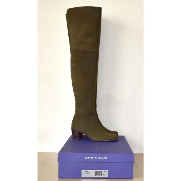 I0 NIB STUART WEITZMAN Hitest Olive Suede Stacked Heel Over The Knee Boots Sz 8 - Picture 3 of 12